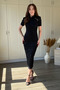 Shoulder Detailed High Neck Padded Glittery Midi Black Dress