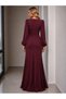 Women's Burgundy Long Sleeve Crew Neck Front Ruffle Long Janjan Crepe Dress - 5