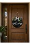 Round Wooden Welcome Sign for Front Door - Black Farmhouse Door Hanging Wreath with Faux Lavender & Bow - 3