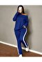 Women's one shoulder open long sleeve viscose two thread blouse and side stripe detailed trousers two piece set