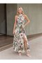 Women's Off-The-Shoulder Halter Neck Slit Floral Patterned Midi Dress