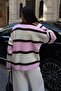 Women's Pink Striped Polo Neck Oversize Knitwear Sweater - 7