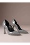 Gray Wrinkled Patent Leather Stiletto Heel, Curved Side Cut-Out, Pointed Toe, Thin Heel, Evening Party Shoes - 6