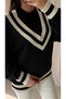 College Style V-Neck Striped Sweater - Black