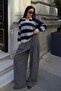 Women's Navy Blue Contrast Striped Polo Collar Relaxed Sweater - 5
