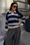 Women's Navy Blue Contrast Striped Polo Collar Relaxed Sweater - 3
