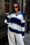 Women's Navy Blue Striped Polo Collar Oversize Knitwear Sweater - 2