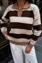 Women's Brown Contrast Striped Polo Collar Relaxed Sweater - 5
