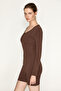Totjun women's soft and stretchy fabric hollow neck button-up bodycon short brown jumpsuit - 4