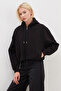 3 Thread Zipper Hooded Bat Sleeve Crop Sweatshirt - 2