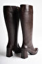 Women's Brown Boots with Zipper and Thick Heels - 7