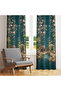 Petrol Green Elephant Figured Decorative Living Room Background Curtain with Floral and Nature Patterns - 2