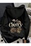 Women's Hooded Leopard Cherry Back and Front Printed Black 2 Thread Raster Sweatshirt