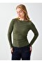 Khaki Boat Neck Slim Fit Blouse with Drawstring Detail - 3