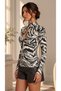 Women's Gray Black Patterned High Collar Window Detailed Long Sleeve Viscose Elastane Blouse - 5