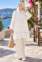 Women's Cream Zippered Casual Long Tunic with Guipure Detail