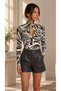 Women's Gray Black Patterned High Collar Blouse with Window Detail - 6