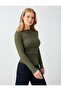 Khaki Boat Neck Slim Fit Blouse with Drawstring Detail - 5