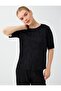 Black Pleated Detailed Round Neck Short Sleeve Velvet Blouse