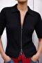 Short Sleeve Zippered Knitwear - Black - 2