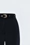 Satin Classic Trousers with Belt Detail - Navy Blue - 3