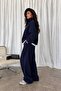 Navy Blue Half-Zip High-Neck Top with Wide Comfortable Fit Bottom Set