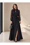 Women's Turtleneck Lace Sleeves Slit Belt Detailed Long Formal Dress - 2