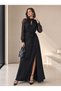 Women's Turtleneck Lace Sleeves Slit Belt Detailed Long Formal Dress - 3