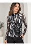 Women's Black Tie-Dye Patterned Long Sleeve Gathered Detailed Lined Tulle Blouse - 7