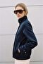 Satin Bomber Jacket - Navy Blue - 3