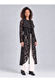 Women's Rose Patterned Waist Drawstring Wool Blend Long Cardigan Black Jacket - 3