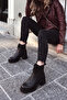 Women's Round Toe Zippered Stitched Detailed Thick Heeled Boots Merisin Black - 6