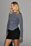 Mint boat neck hem asymmetric side smocked long sleeve anthracite blouse - 2