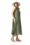 Sleeveless Çeşme Crew Neck Authentic Double Pocket Midi Length Poplin Summer Dress Khaki Hk - 7
