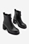 Women's Round Toe Zippered Stitched Detailed Thick Heeled Boots Merisin Black - 3
