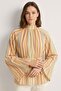 Yellow Striped Striped Stand Collar Lace-Up Wide Sleeve Oversize Blouse - 3