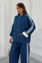 Women's Striped Sleeves, Buttoned, High Collar Denim Trousers Set 3194 - Navy Blue