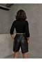 Women's Black Belted High Waist Pleated Long Length Faux Leather Bermuda Shorts with Pockets - 3
