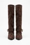 Women's Knee-High Buckle-Strapped Goblet Heeled Pointed Toe Covered Long Boots - Serra - Brown Suede - 2
