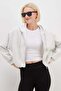3 Thread Zipper Hooded Bat Sleeve Crop Sweatshirt