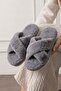 Krossa Gray Cross-Strapped Plush Women's Winter House Slippers