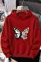 Sw Papatya Women's Front Printed Oversize Hooded Sweatshirt with Kangaroo Pocket and Two Threaded Drawstrings Hoodie