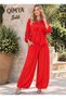 Buketli̇ Women's Padded Long Sleeve Blouse, Loose Trousers, Extra Tassel Shawl, 3-Piece Set - 2