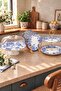 Blue Floral Patterned 8 Piece Ceramic Cake Presentation Plate Set for 6 People