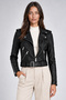 Women's Black Leather Jacket - Belt Detailed Zippered Crop Leather Jacket - 3