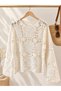 Bohemian Style Women's Ecru Round Neck Openwork Crochet Long Sleeve Knitted Blouse