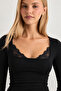 Square Neck Lace Detailed 95% Cotton Ribbed Long Sleeve Blouse