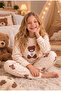 Girls' Crepe Suede Teddy Bear Patterned Long Sleeve Pajama Set Soft Textured Home Wear - 2