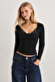 Square Neck Lace Detailed 95% Cotton Ribbed Long Sleeve Blouse - 3