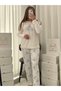 Ecru Ribbon Patterned French Velvet Pajama Set - 2